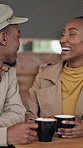 Love, laugh and black couple in cafe for date, connection and conversation with happy partner. Coffee shop, man and woman with affection, healthy relationship and bonding together with funny joke