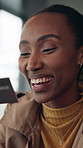 Happy, purchase and credit card with black woman for online shopping, payment or order. Female person, shopper or smile with debit or bills for ecommerce, remote banking app or wireless transaction
