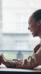 Love, holding hands and couple in cafe, laugh and romantic connection with happy partner. Coffee shop, black man and woman with commitment on date, funny joke or healthy relationship for support