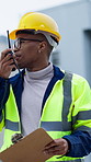 Radio, construction and black man with clipboard in city for feedback, building update and inspection. Architecture, engineering and person with communication, talking or instructions for maintenance