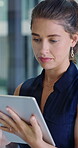 Serious, businesswoman and research with tablet in business, wealth management and investment report. Corporate, financial planner and person with tech for risk assessment, scroll and reading info