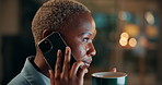 Business, black woman and phone call for night, networking or planning with coffee in office. Tech, chat and African entrepreneur with agreement for conversation, late negotiation offer and drink