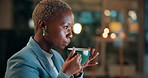 Coffee, thinking and black woman in office at night with deadline for finance report on break. Cappuccino, planning and African female financial manager with warm beverage for investment in workplace