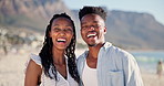 Face, travel and couple at beach with smile, love and partner affection on tropical holiday. Portrait, happy and black people at ocean for fresh air, commitment and bonding together on vacation trip