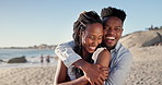 Face, travel and laugh with couple at beach, partner affection and bonding on tropical holiday. Portrait, embrace and people at ocean with humor, commitment and healthy relationship on vacation trip