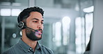 Mic, call center and businessman with computer in office for help desk, crm or online consultation. Headset, technology and male technical support agent with customer service on omnichannel system.