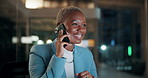 Black woman, laugh and phone call in office at night for discussion, finance chat and schedule update. African person, tech and communication for financial feedback, funding or humor with overtime
