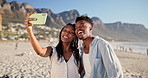 Happy, selfie and black couple on beach with smile for picture, social media and online post. Love, dating and man with woman bonding with photo for memory on holiday, vacation and summer weekend