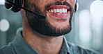 Call center, talking and mouth of man in office for financial consultant, advice and online help. Professional, finance and person with headset for customer support, communication and contact us