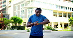 City, headphones or runner with smart watch for fitness, getting ready or select training playlist. Town, sports podcast or happy black man with tech to start streaming, jog tracker or exercise music