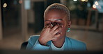 Computer, headache and tired with business black woman in office for blurry vision, fatigue and night. Overtime review, burnout and risk management with exhausted employee in agency as consultant