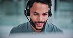 Call center, business and man in office on computer for financial consultant, advice and online help. Professional, finance and person on pc talking for customer support, communication and contact us