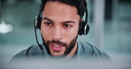 Call center, headset and man in office on computer for financial consultant, advice and online help. Professional, finance and person on pc talking for customer support, communication and contact us