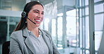 Headset, call center and businesswoman with computer in office for help desk, crm or online consultation. Mic, technology and technical support agent with customer service on omnichannel system.