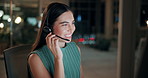 Headset, talking and consultant in office at night with multilingual advisory for global client. Smile, woman and call center agent with mic for international customer support with crm in workplace.