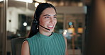 Headset, smile and consultant in office at night with multilingual advisory for global client. Happy, woman and call center agent with mic for international customer support with crm in workplace.