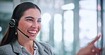 Headset, customer service and businesswoman with computer in office for help desk, crm or online consultation. Mic, technology and call center agent with technical support on omnichannel system.