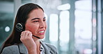 Mic, call center and businesswoman in office for help desk, crm or online consultation with advisory. Headset, technology and technical support agent with customer service on omnichannel system.