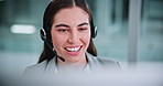 Call center, business and woman in office on computer for financial consultant, advice and online help. Happy, finance and person on pc talking for customer support, communication and contact us