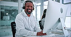 Face, consultant and businessman with headset in office, laugh and confident for career development. Call center, coworking and mature person with computer for lead generation, happy and typing info