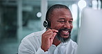 Call center, talking and black man in office on computer for help, financial advice and consulting. Business, finance and mature person on pc for customer support, communication and contact us