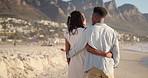 Walking, talking and back of black couple at beach for holiday, vacation and bonding on summer weekend. Dating, travel and man with woman by sea for conversation, relationship and connection for love