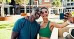 Fitness, interracial couple and smile in city for selfie, love and social media for wellness. Man, woman and profile picture in urban town for exercise, memory and bonding for health or development