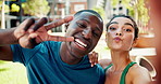 Fitness, interracial couple and face in city for selfie, smile and social media for wellness. Man, woman and profile picture in urban town for exercise, portrait and bonding for health or development
