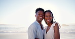 Face, happy and couple at beach for travel, adventure and bonding on tropical holiday. Space, portrait or black people at ocean with affection, commitment and healthy relationship on getaway vacation