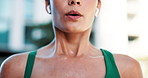 Fitness, woman and breathing with sweat for workout break, rest or outdoor exercise in city. Mouth, tired female person or runner catching breathe for training, cooldown or recovery in urban town