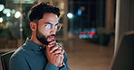 Night, businessman or thinking with idea in office for project deadline, problem solving or solution. Thoughtful, man or employee contemplating with choice in late evening for business decision