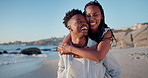 Happy, laugh and black couple at beach with piggyback for bonding on weekend, holiday and vacation. Dating, travel and man carry woman by sea for loving relationship, connection and talking in summer