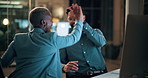 Night, winning or business people with high five in office for promotion or bonus on computer. Excited, man and woman with smile, fist pump or celebration in late evening for success or good news