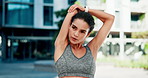 Woman, fitness and stretching with arms for exercise or outdoor workout preparation in city. Active, female person or getting ready with body warm up for start, begin or training in an urban town