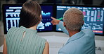 Finance, meeting and business people on computer screen for stock market, trading and investment. Corporate, team and back of women on pc for financial review, graphs and research for cryptocurrency