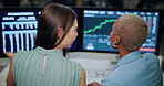 Finance, meeting and business women on computer screen for stock market, trading and investment. Corporate, team and back of people on pc for financial review, graphs and research for cryptocurrency