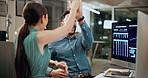 High five, computer screen and business people in office with trading win, profit or stock market. Happy, fist pump and team of financial advisors with celebration for finance graphs, charts or data.