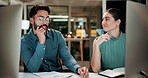 Discussion, writing or business people with laugh in office, global trade or funny chat at night. Computer, happy team or trader waiting for stock market report, check time or notes for late exchange
