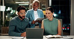 Creative, teamwork and happy people with laptop in office, copywriting and plan for article at night. Colleagues, working late and discussion with tablet, email marketing or collaboration in business