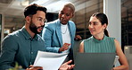 Creative, paperwork and people with laptop in office, copywriting and teamwork for article at night. Colleagues, working late and collaboration with tech, email marketing and documents in business