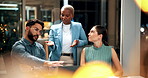 Meeting, night and business people with laptop in office for project ideas, discussion or deadline. Group, employees or colleagues talking with computer in late evening for company proposal or report