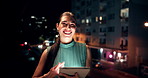 Face, laugh and woman in city with tablet for social media, browse or online update at night. Business person, digital tech and chat for communication, internet or networking for project management