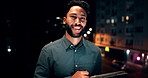 Night, balcony and face of businessman on tablet for research, online proposal and budget planning. Happy, consultant and portrait of person on digital tech for finance review, investment or fintech