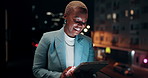Balcony, business and black woman on tablet at night for research, internet and laugh for finance career. Corporate, happy and person on digital tech for website, online and notification for fintech