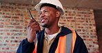 Construction, radio and smile of black man on building site for project management or update. Communication, talking and thinking with happy engineer on worksite for property development as architect