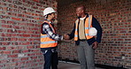 Smile, people and handshake with architect for meeting, introduction and construction agreement. Team, shaking hands or hello with clipboard, partnership and maintenance deal for building development