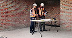 Planning, team or engineer with blueprint for construction, talk or infrastructure reinforcement idea. Review, renovation project or men with paper for building remodel, space or foundation upgrade