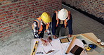 Speaking, team or architect with paper at construction site, property upgrade or renovation project. Review, tech or people with brainstorming for building plan idea, engineering or talk from above