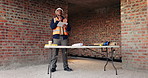 Construction, thinking or black man on site with tablet, space or inspection update in building review. Industrial, ppe or engineer with tech, operation plan or problem solving for progress report.