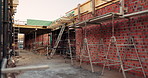 Construction, scaffolding or empty site, brick wall or building design for engineering framework. Architecture, development and interior with incomplete infrastructure, ladder or support structure